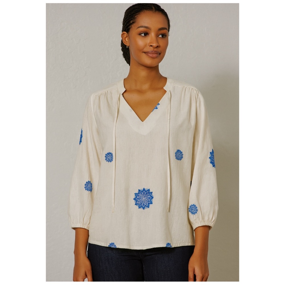 ANNA KAY Women’s Size OS Ivory Embroidered V-Neck 3/4-Length Peasant Blouse‎ Top